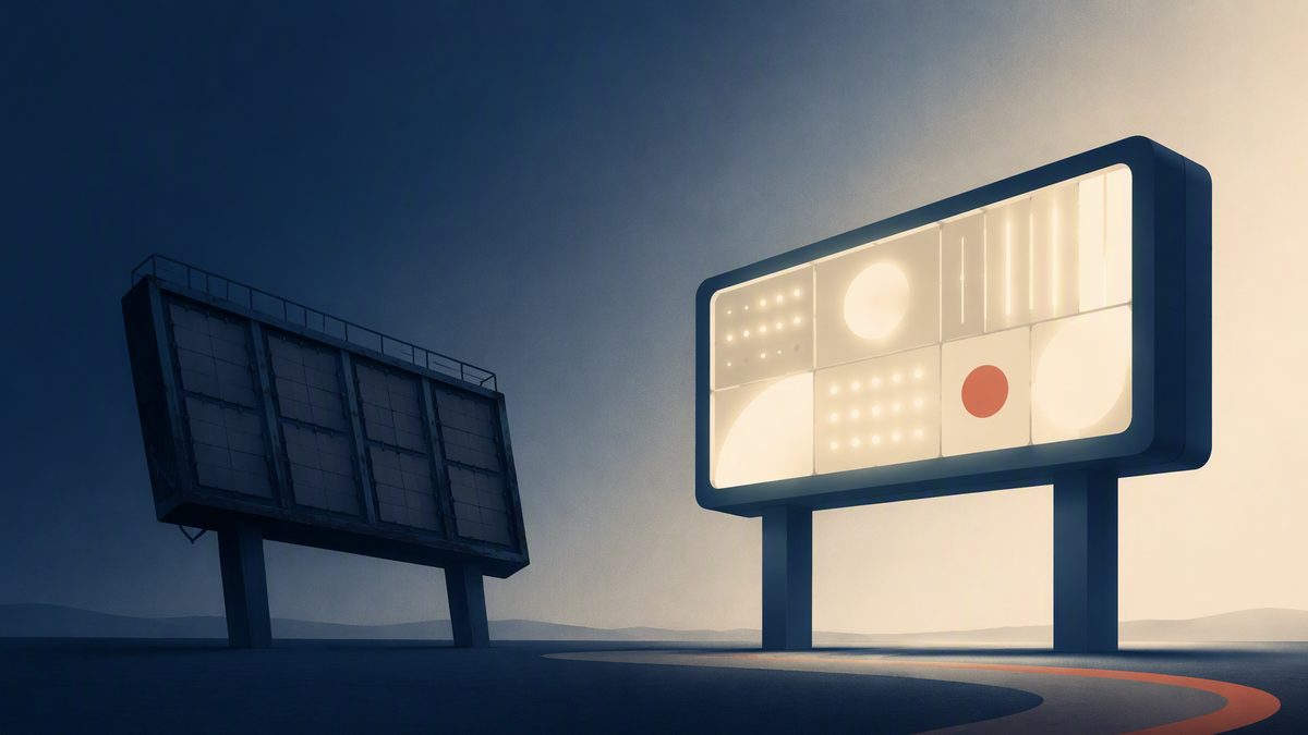 Abstract illustration of an old analog scoreboard being replaced by a new luminous scoreboard, representing a change in what is being measured rather than a change in the score